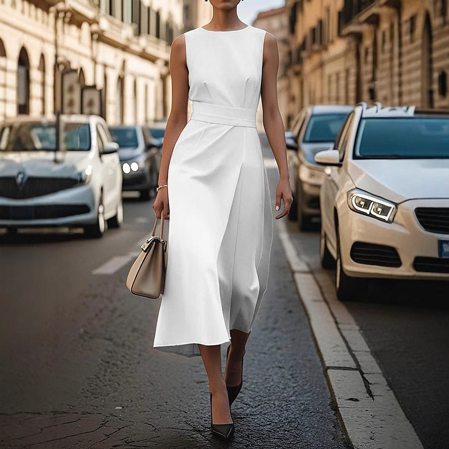 Elena - Sukienka damska bez rękawów elegancka z paskiem
