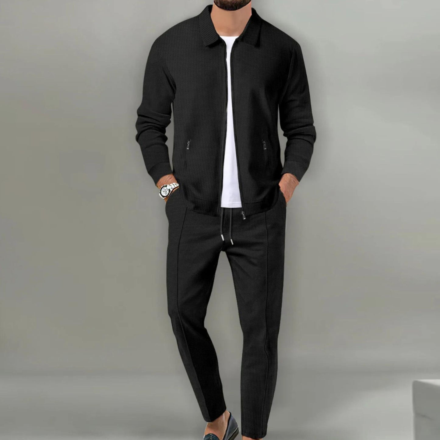 Adrian - Komplet męski czarny casual bluza zapinana na zamek i spodnie