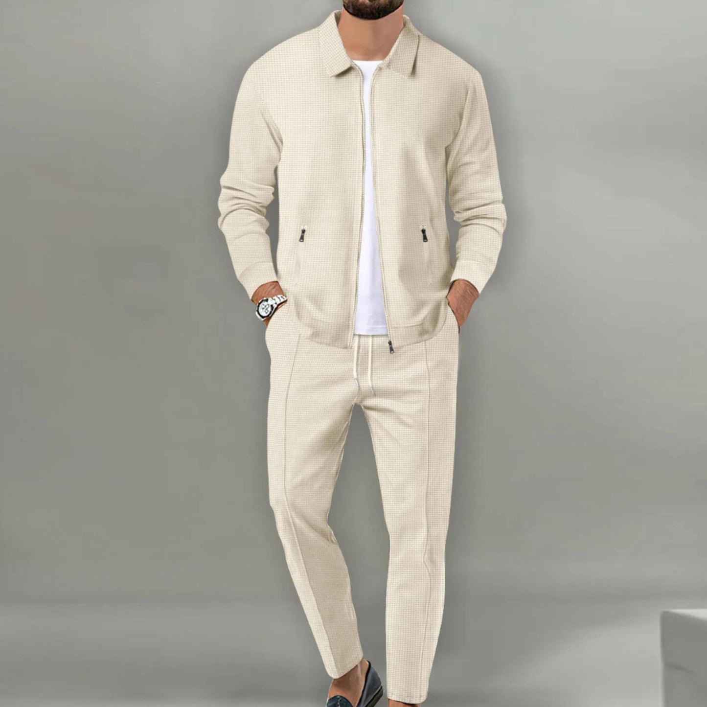 Adrian - Komplet męski czarny casual bluza zapinana na zamek i spodnie