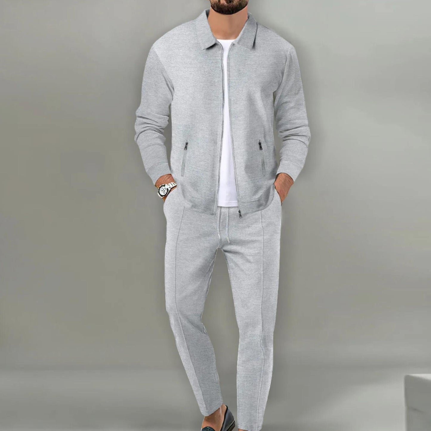 Adrian - Komplet męski czarny casual bluza zapinana na zamek i spodnie