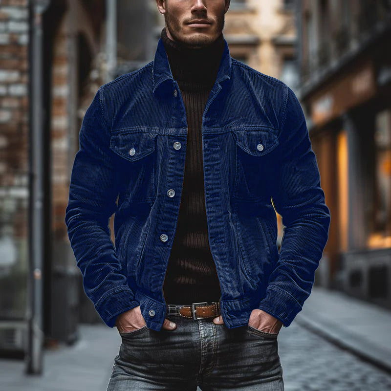 Ethan – Męska brązowa sztruksowa kurtka casualowa z kieszeniami na piersi