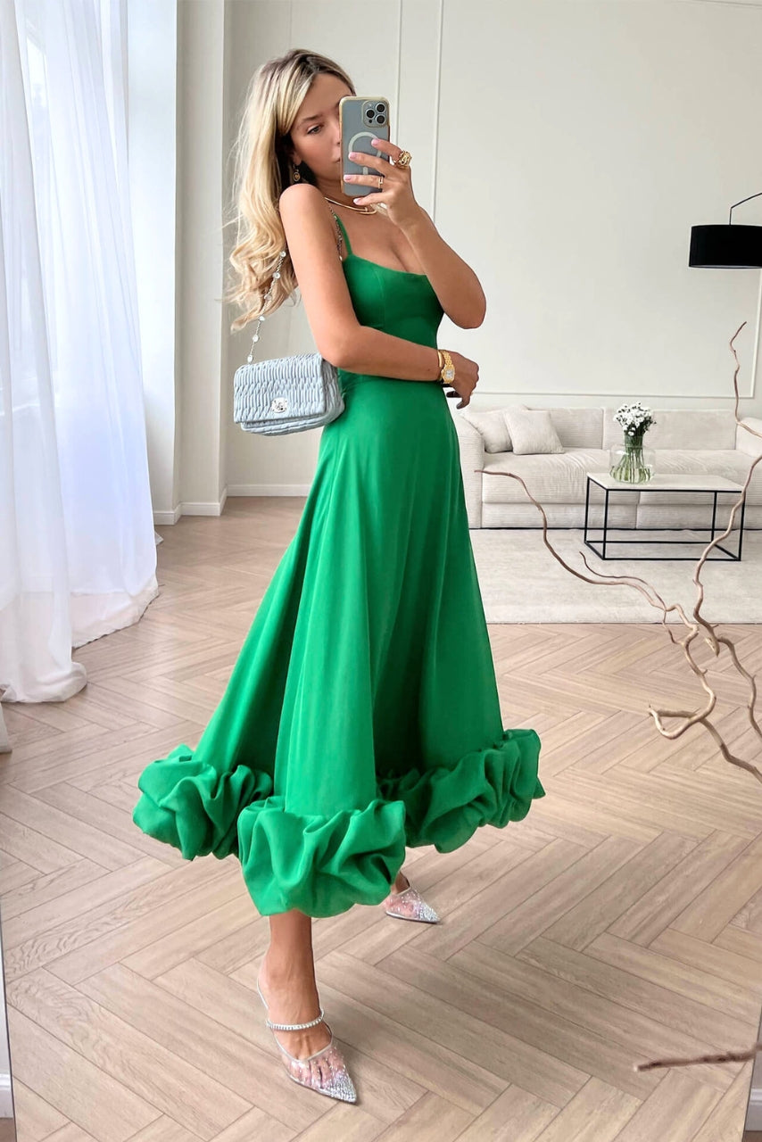 Sophie - Damska Sukienka Midi z Cienkimi Ramiączkami i Falbaną
