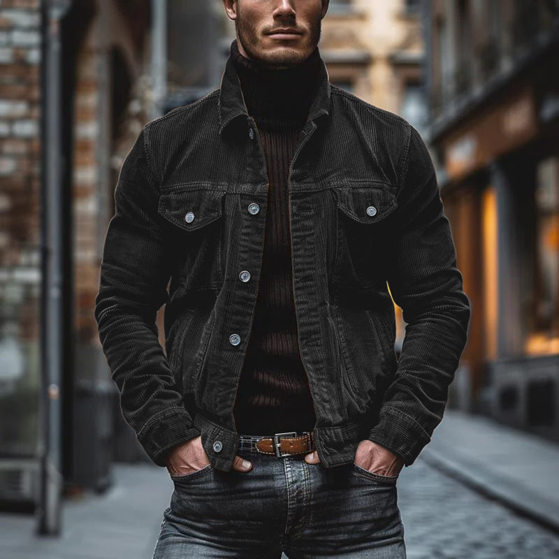 Ethan – Męska brązowa sztruksowa kurtka casualowa z kieszeniami na piersi