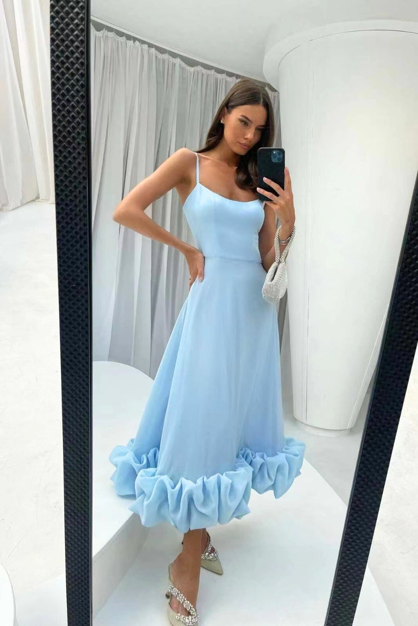 Sophie - Damska Sukienka Midi z Cienkimi Ramiączkami i Falbaną