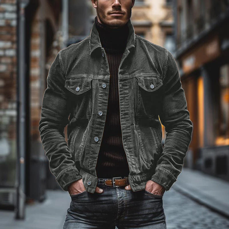Ethan – Męska brązowa sztruksowa kurtka casualowa z kieszeniami na piersi
