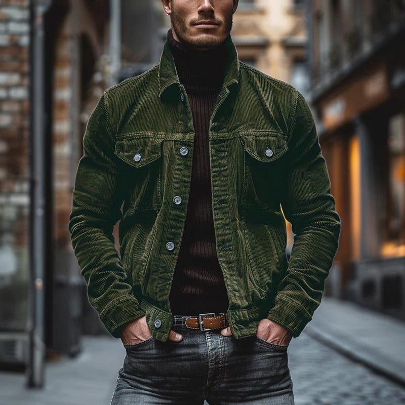 Ethan – Męska brązowa sztruksowa kurtka casualowa z kieszeniami na piersi