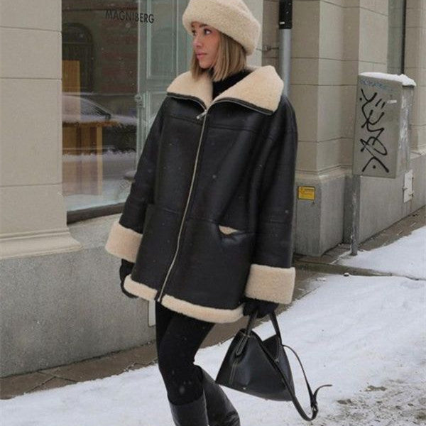 Amara - Damski płaszcz z kożuchem sztucznym elegancki zimowy miejski