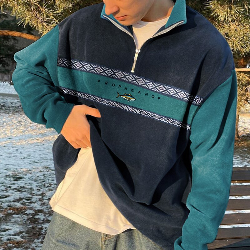 Dylan - Bluza męska polarowa brązowo-zielona z zamkiem