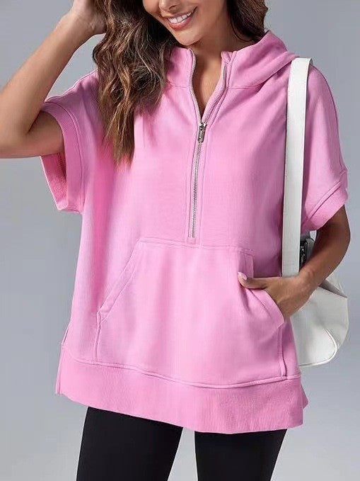 Aura – Damska bluza oversize z krótkim rękawem i kapturem