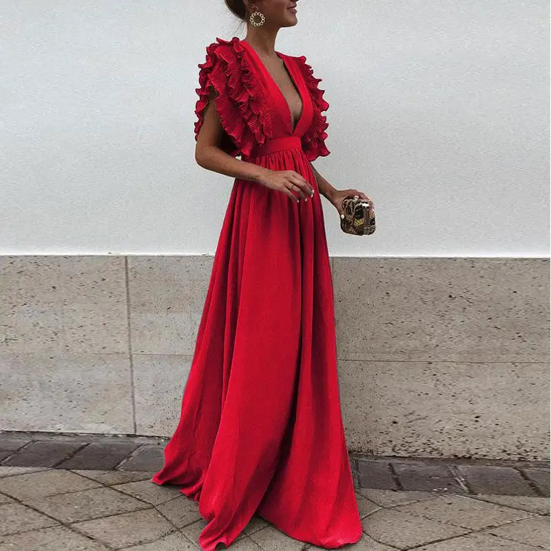 Szykowna szara sukienka maxi z falbanami
