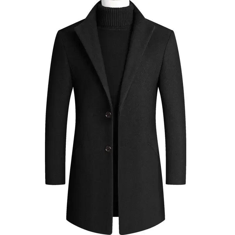 Ethan – Elegancki męski czarny płaszcz wełniany dwurzędowy