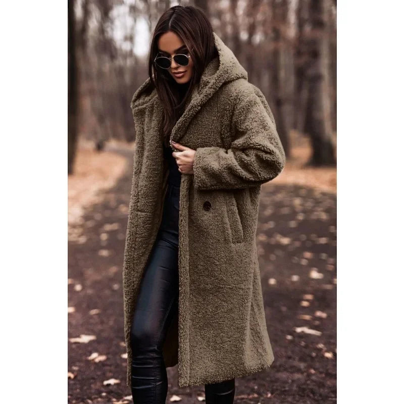 Różowylinda | Damen Langer Wollmantel mit Kapuze für den Winter