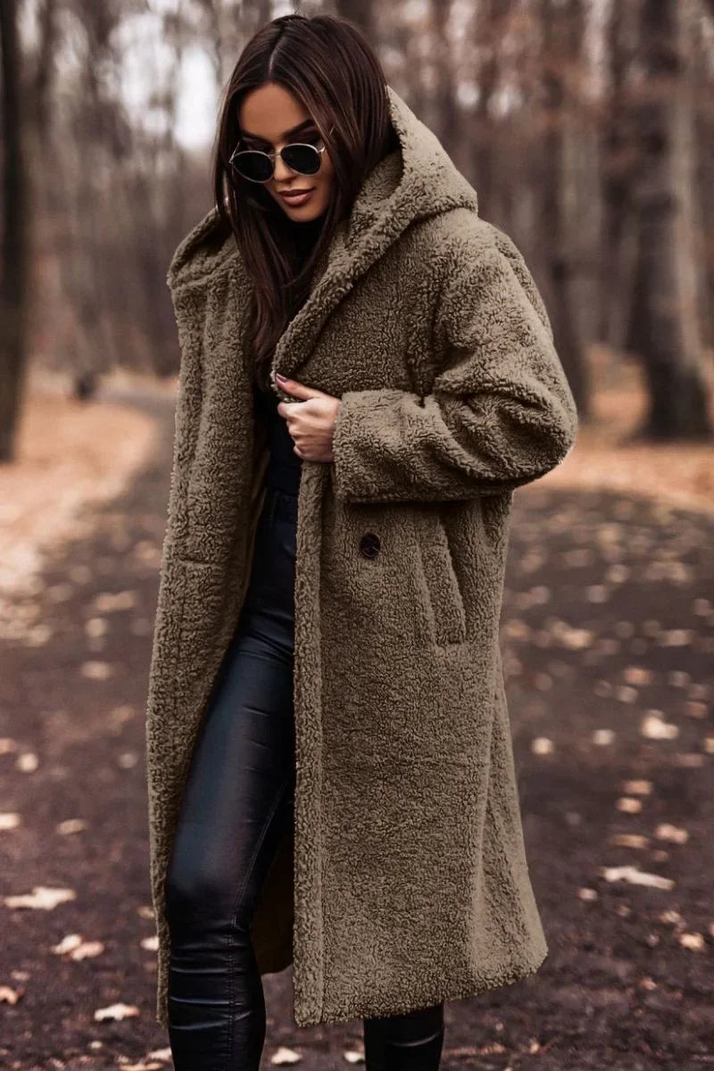 Różowylinda | Damen Langer Wollmantel mit Kapuze für den Winter