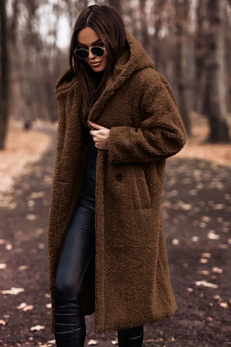 Różowylinda | Damen Langer Wollmantel mit Kapuze für den Winter