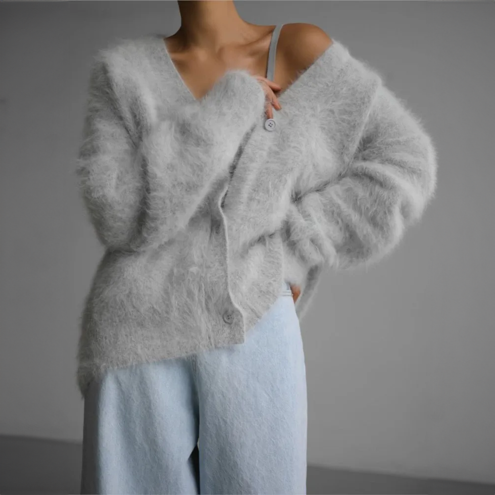 Ariana - Kardigan damski szary oversize z puszystej dzianiny