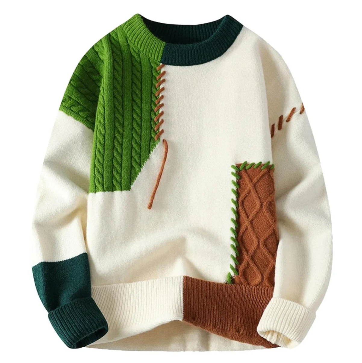 Adrian – Patchworkowy sweter z grubym splotem dla mężczyzn