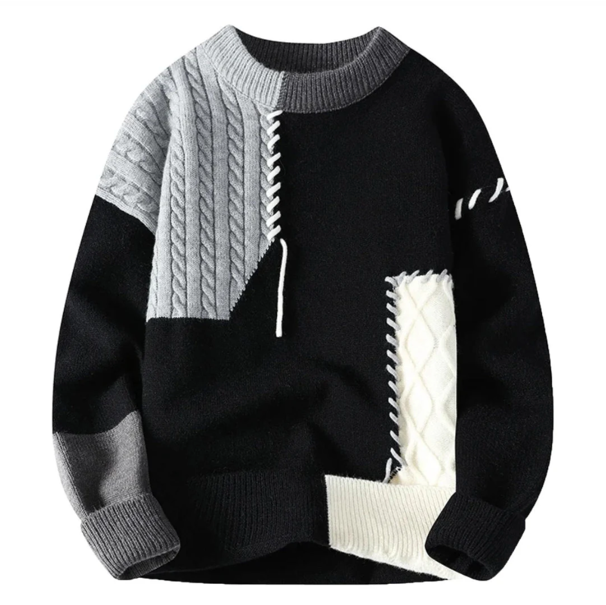 Adrian – Patchworkowy sweter z grubym splotem dla mężczyzn