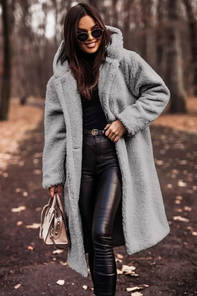 Różowylinda | Damen Langer Wollmantel mit Kapuze für den Winter