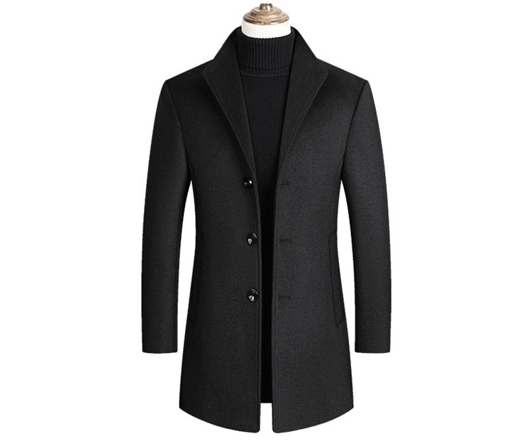 Ethan – Elegancki męski czarny płaszcz wełniany dwurzędowy