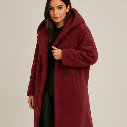 Alba – Zimowy Płaszcz z Miękką Strukturą Teddy i Kapturem