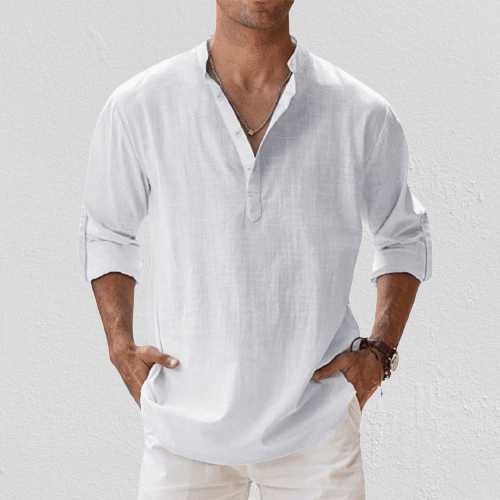 Oliver – Men's Long Sleeve Linen Blend Henley Shirt - Image 3