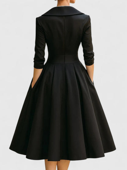 Ewelina – Elegancka rozkloszowana sukienka midi z kołnierzem i zakładanym dekoltem