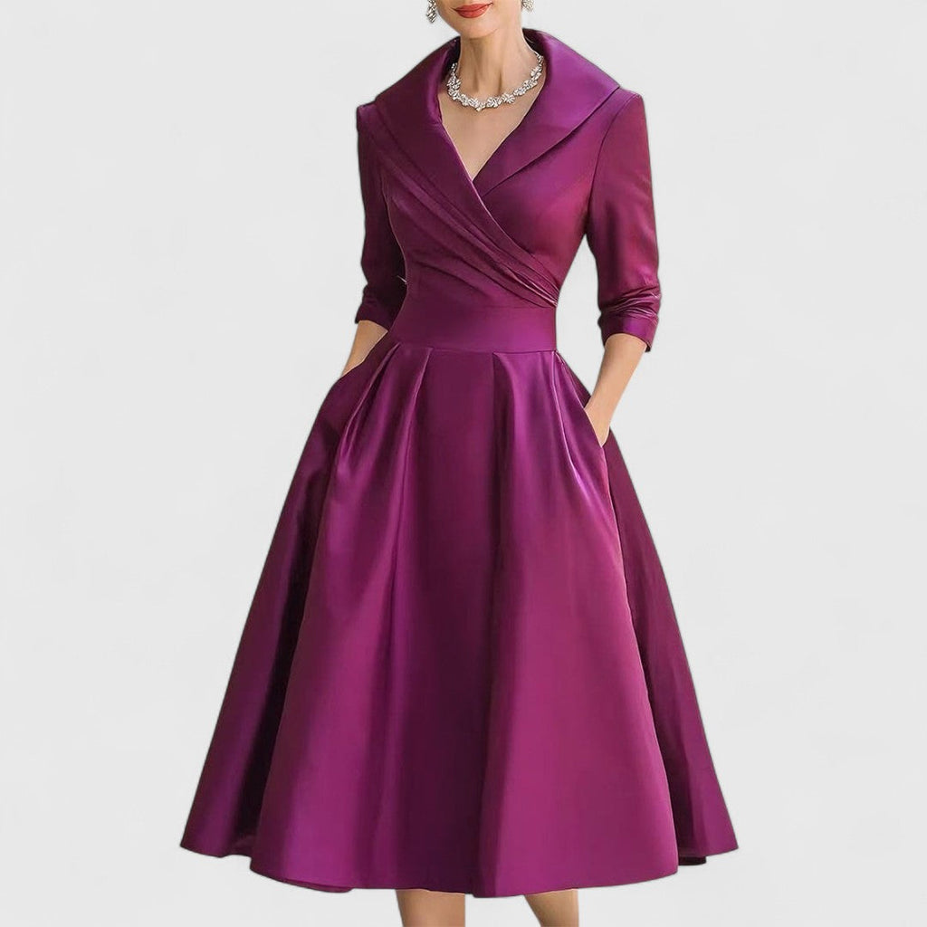 Beatriz – Elegancka satynowa sukienka midi z kołnierzem damska