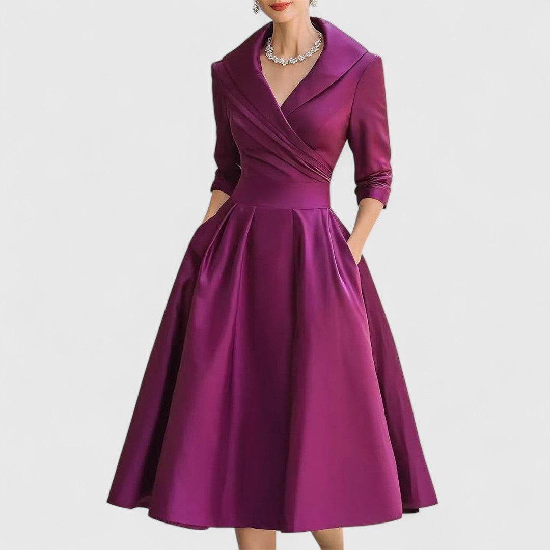 Beatriz – Elegancka satynowa sukienka midi z kołnierzem damska