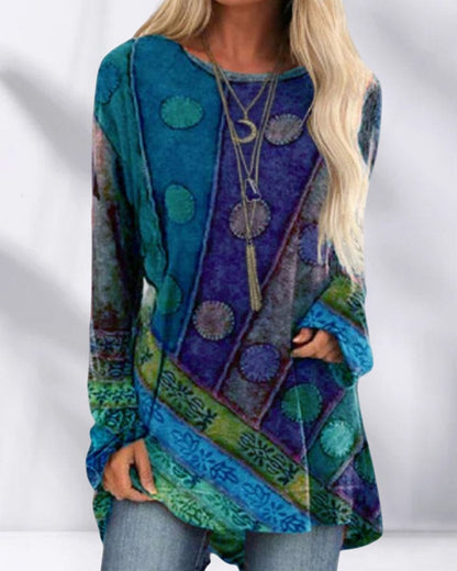 Naya - Tunika damska oversize we wzory boho z długim rękawem