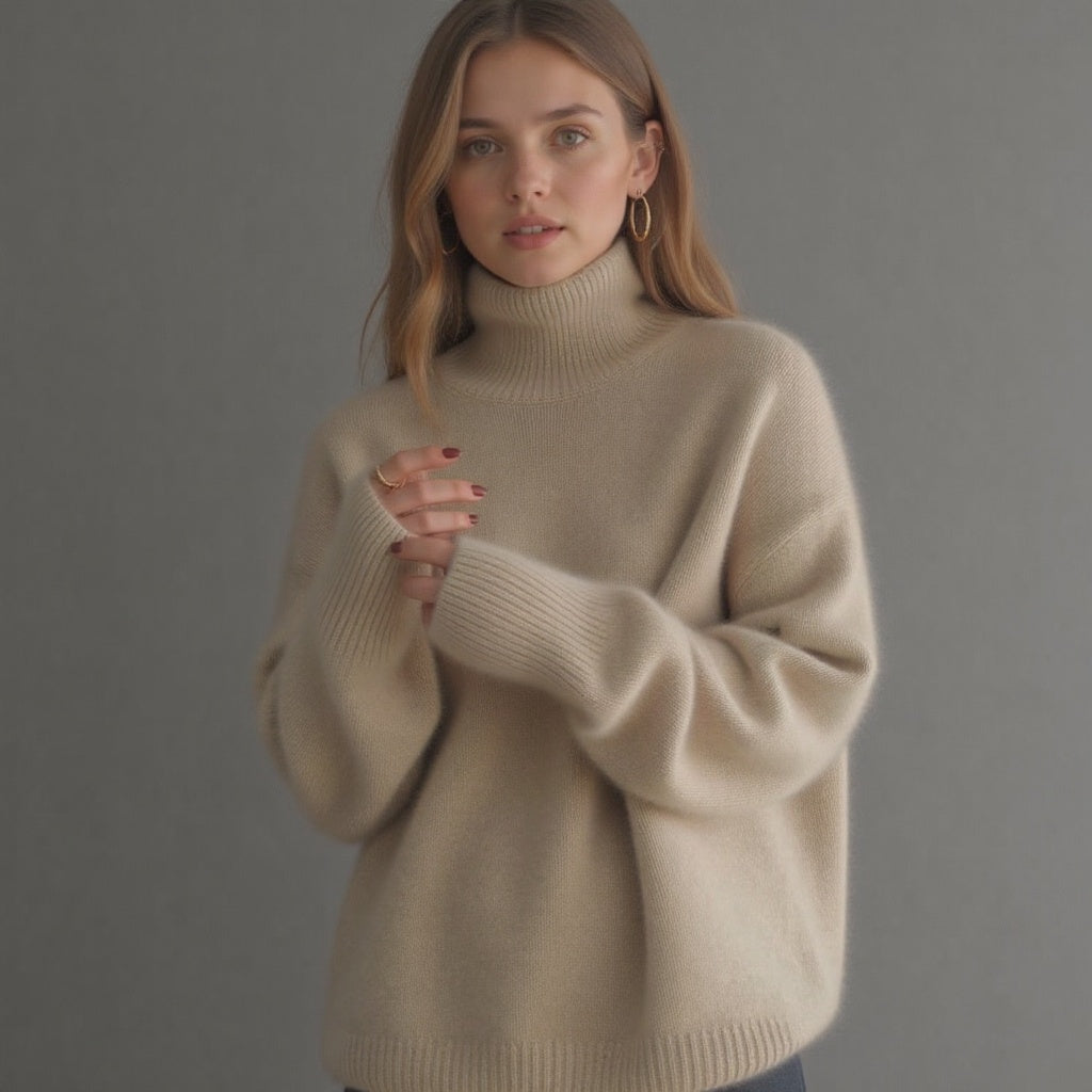 Sweter damski beżowy oversize z golfem i długim rękawem