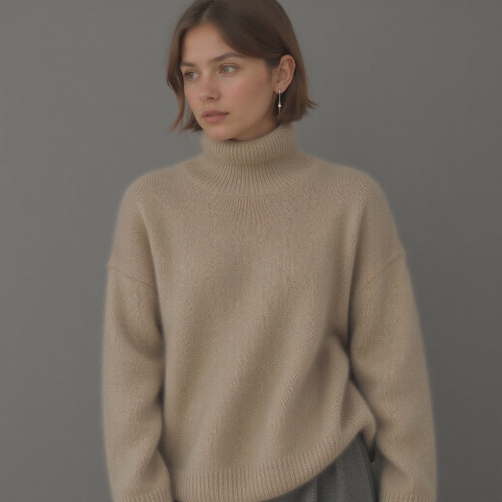 Sweter damski beżowy oversize z golfem i długim rękawem