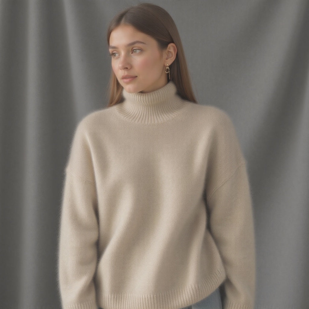 Sweter damski beżowy oversize z golfem i długim rękawem