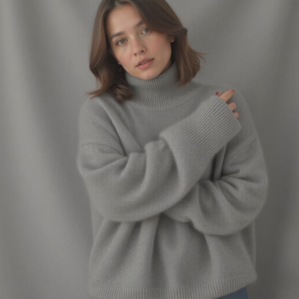Sweter damski beżowy oversize z golfem i długim rękawem