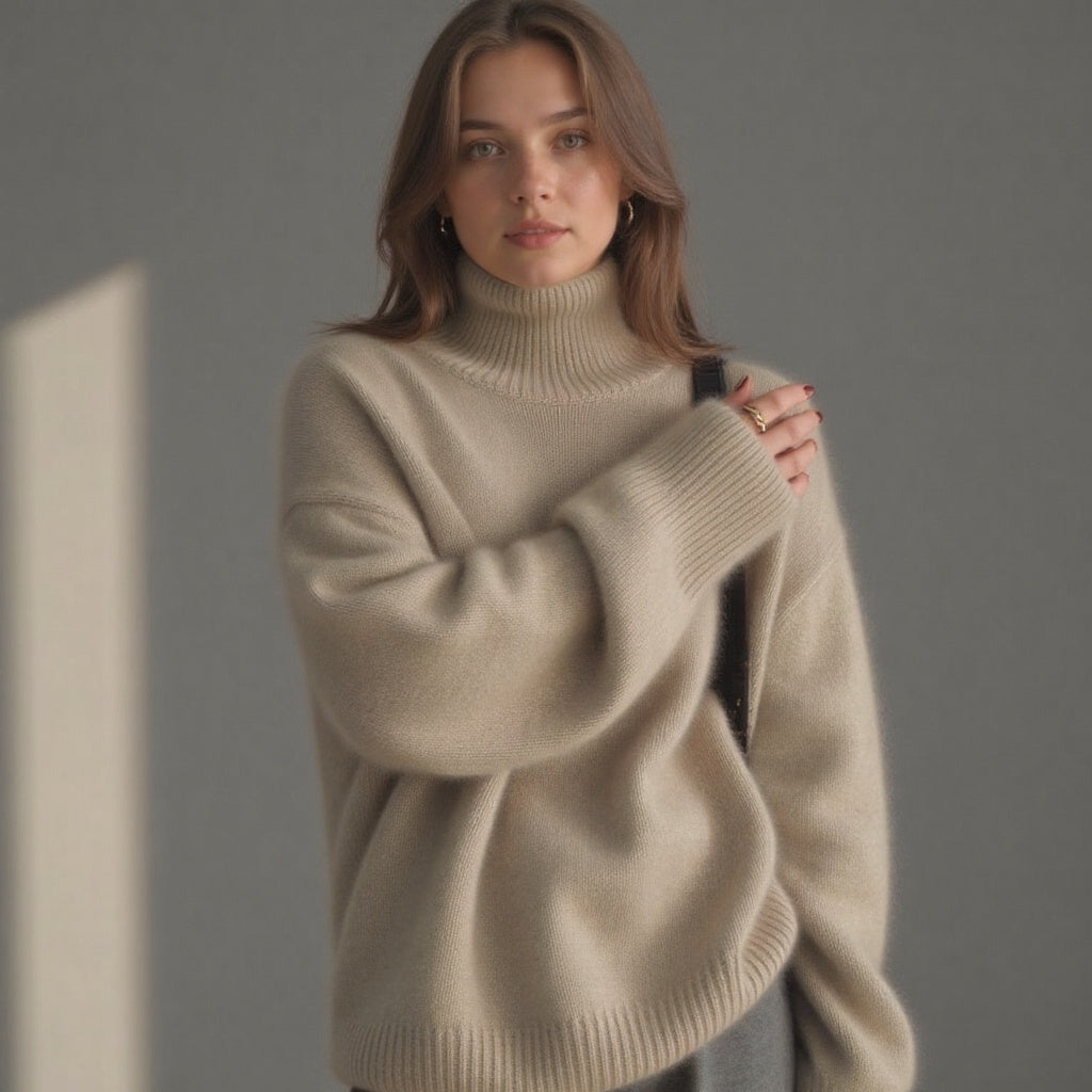 Sweter damski beżowy oversize z golfem i długim rękawem