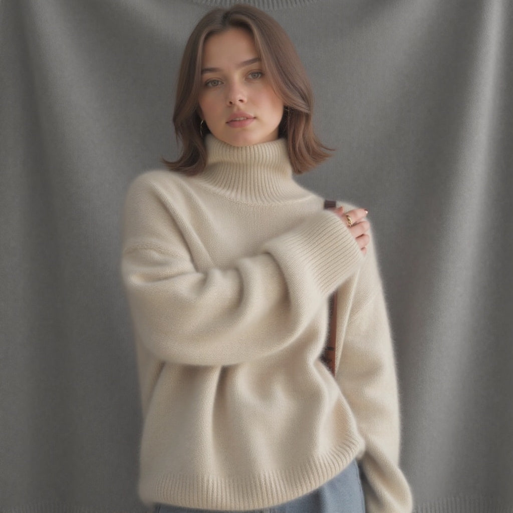 Sweter damski beżowy oversize z golfem i długim rękawem