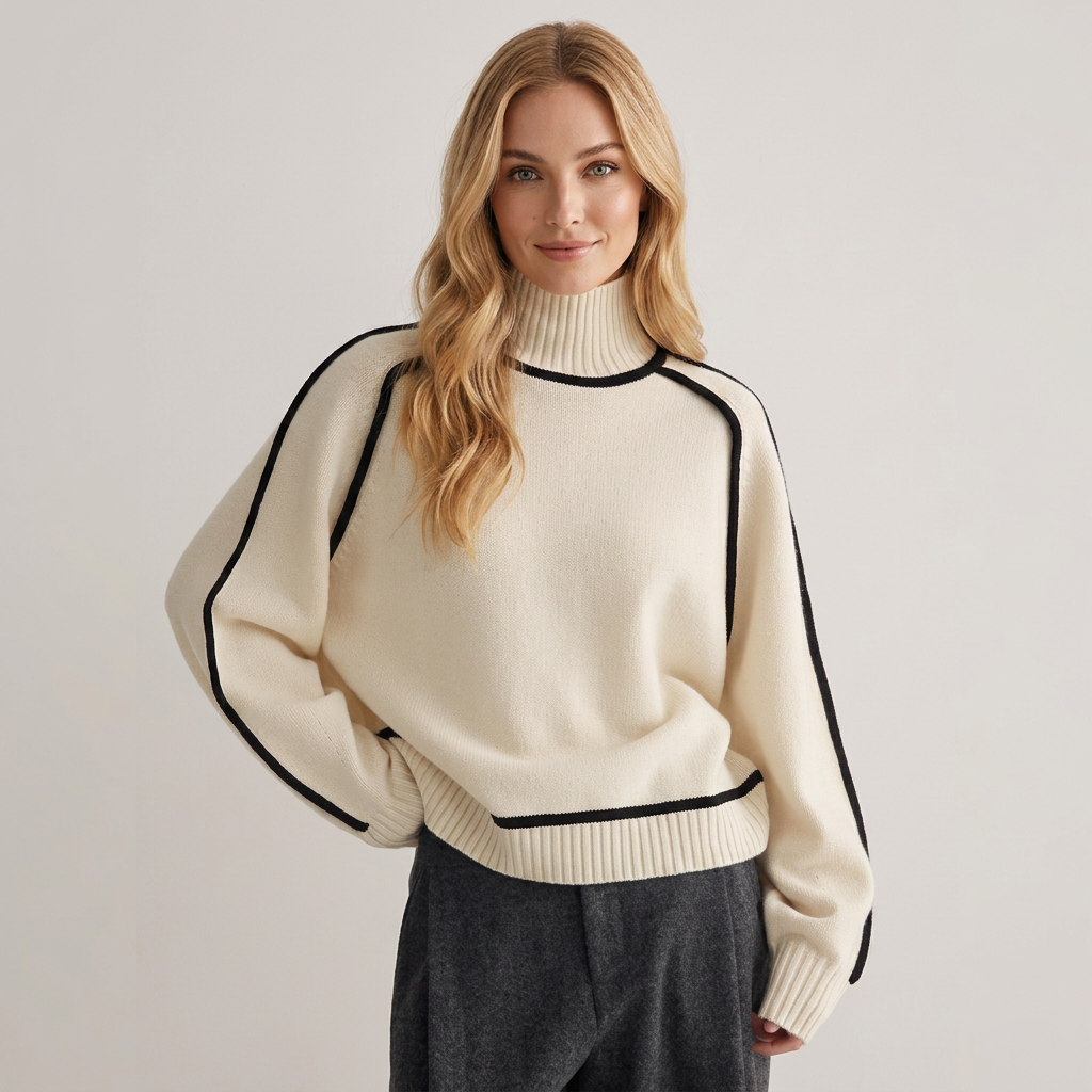 Pullover damski z golfem i kontrastowymi detalami | N&W - 1 - Nowa-aura