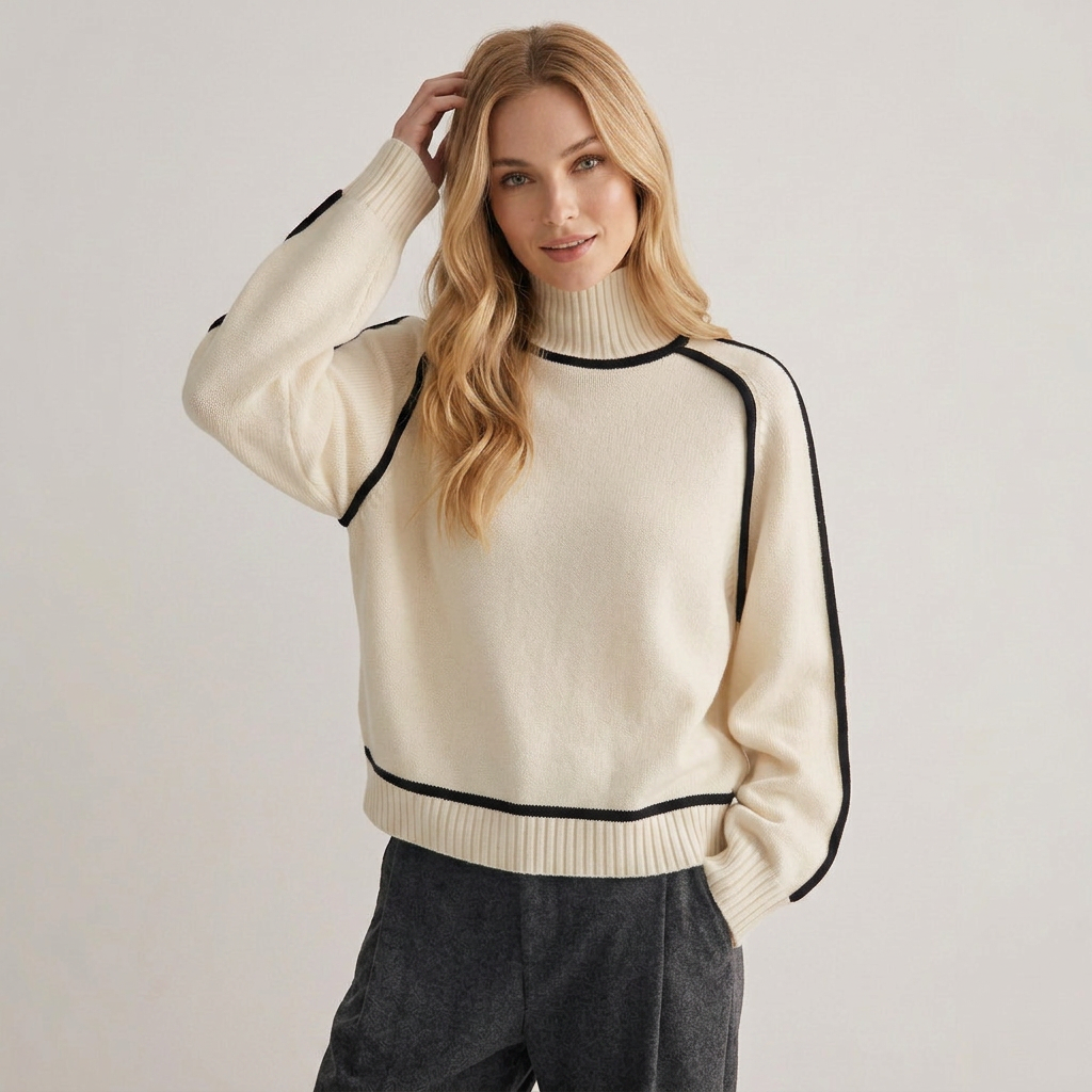Pullover damski z golfem i kontrastowymi detalami | N&W - 2 - Nowa-aura