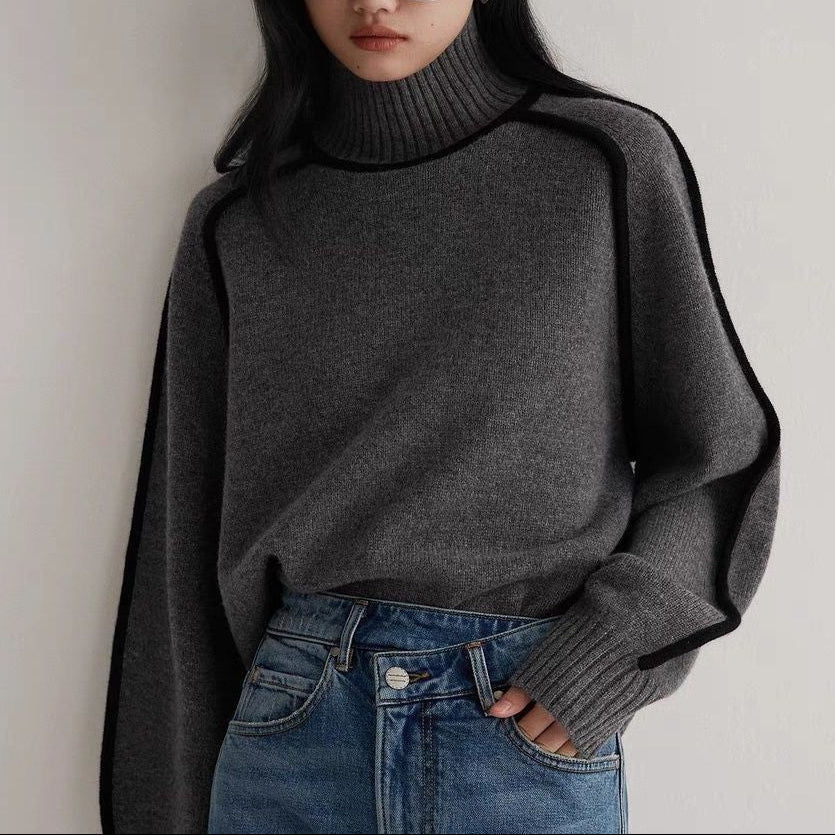Pullover damski z golfem i kontrastowymi detalami | N&W - 3 - Nowa-aura