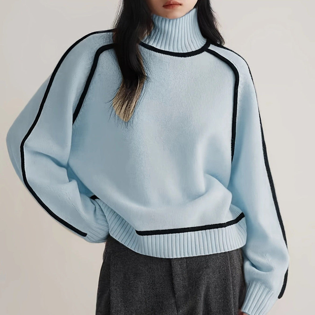 Pullover damski z golfem i kontrastowymi detalami | N&W - 7 - Nowa-aura