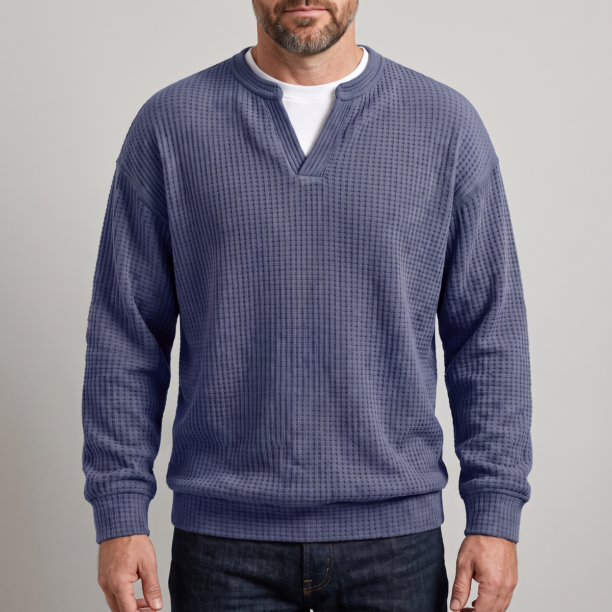 Pullover męski z dekoltem w serek i strukturalnym wzorem | N&W - 1 - Nowa-aura