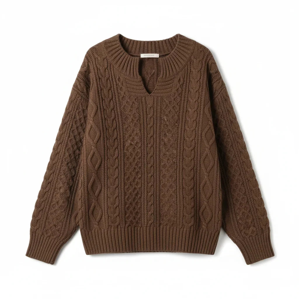 Pullover damski z dekoltem w serek i warkoczowym wzorem | N&W - 5 - Nowa-aura