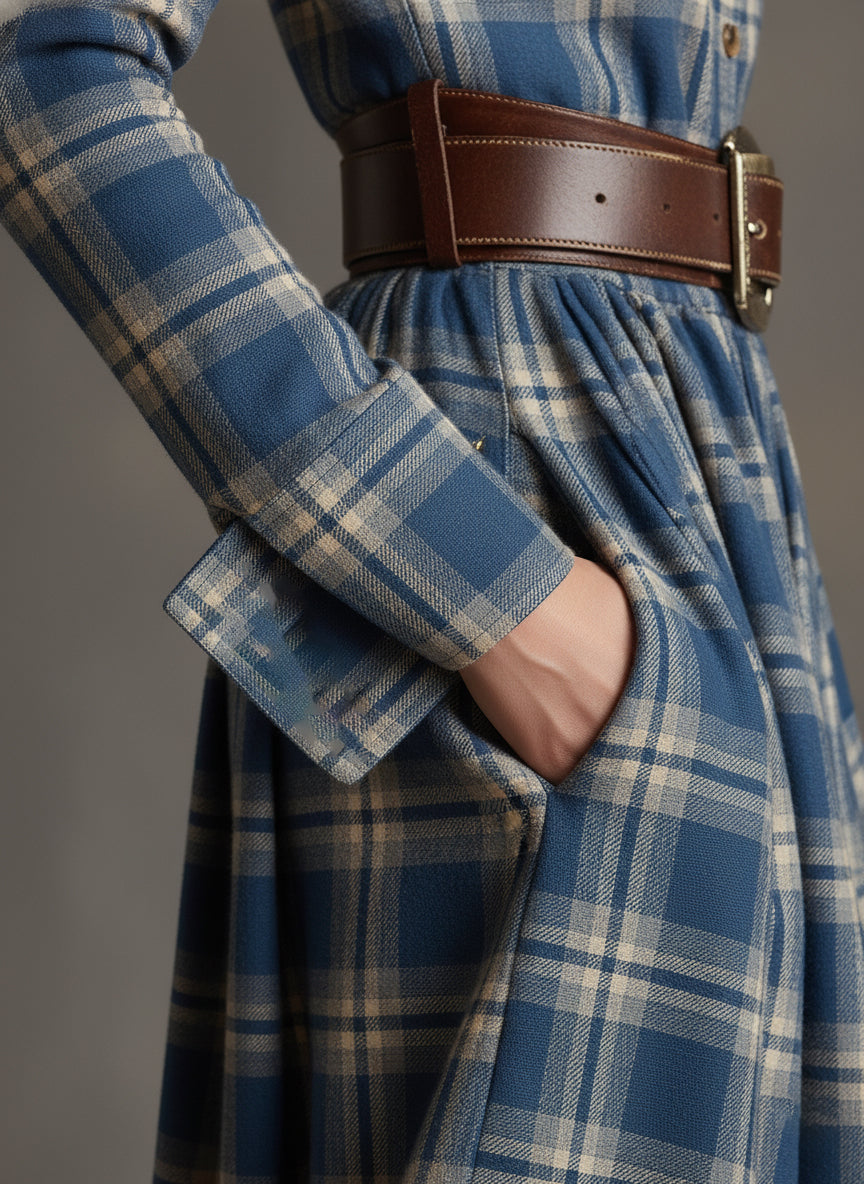 Helena – Długa sukienka koszulowa w kratę