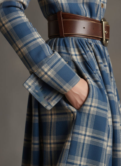 Helena – Długa sukienka koszulowa w kratę