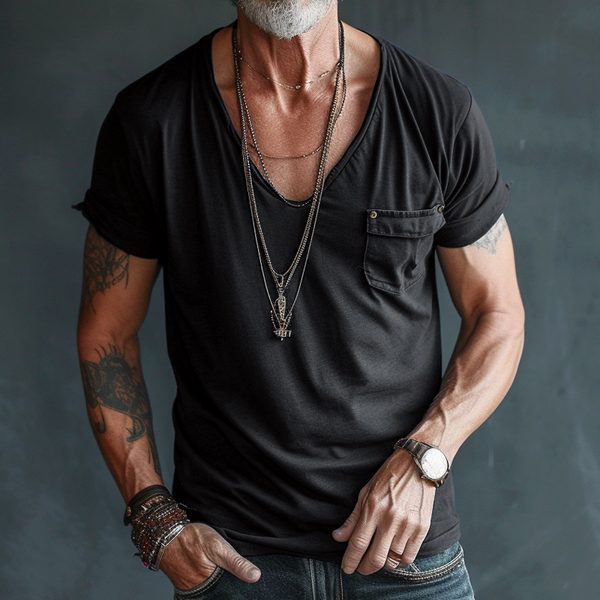 Leo – Męski t-shirt z dekoltem V, kieszenią na piersi i krótkim rękawem