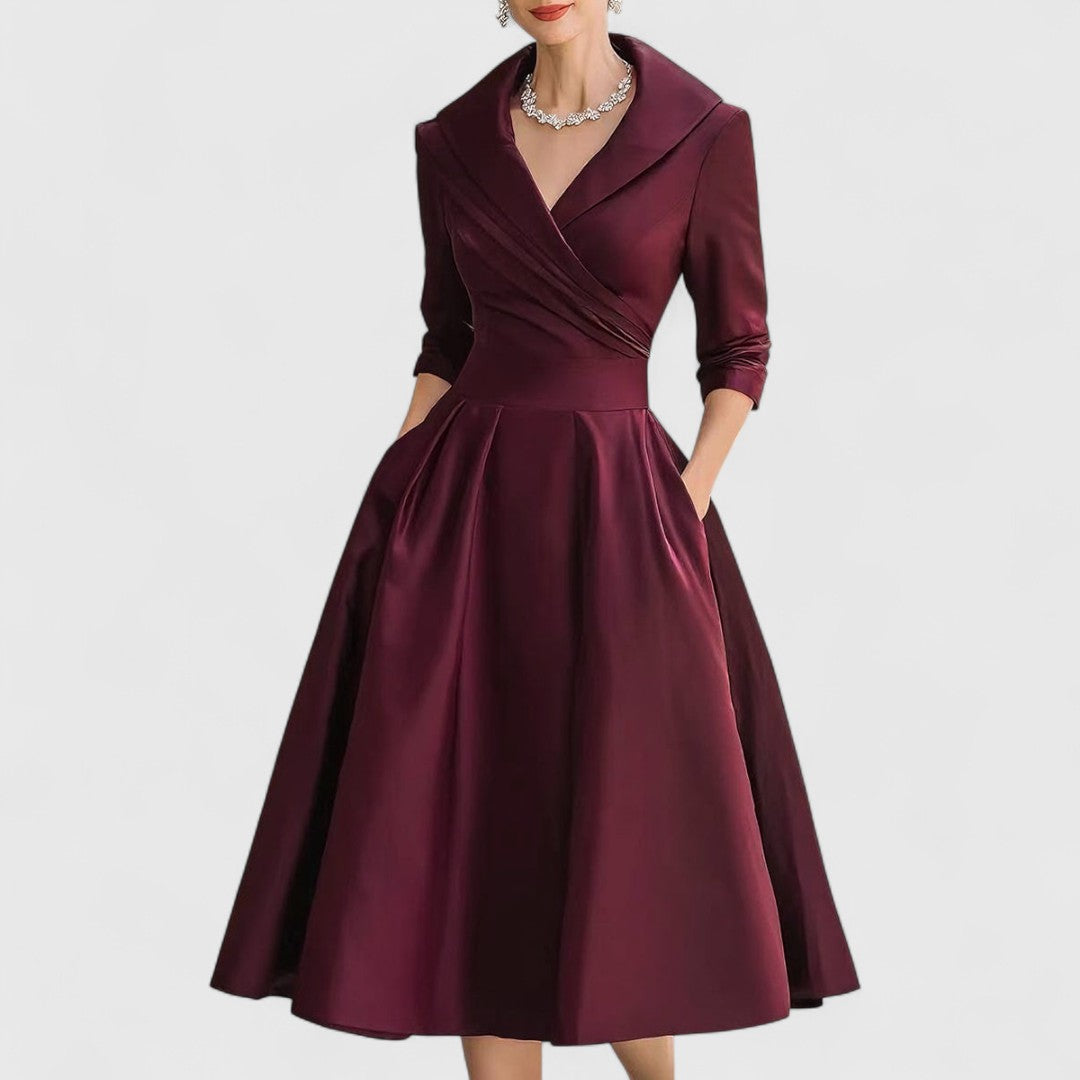 Beatriz – Elegancka satynowa sukienka midi z kołnierzem damska