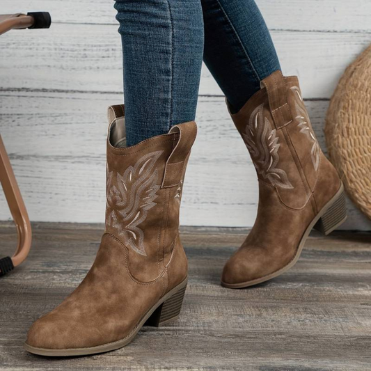 Brązowe Zamszowe Botki Cowboy