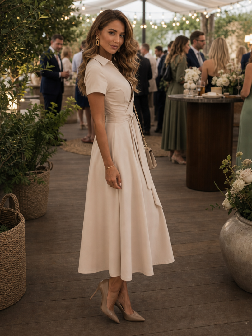 Elegancka sukienka midi z krótkimi rękawami i paskiem wiązanym w talii - J&B - 2 - Nowa-aura
