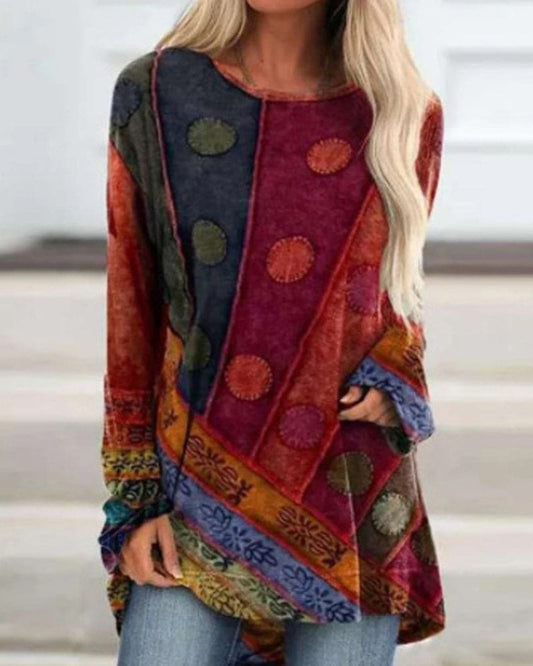 Naya - Tunika damska oversize we wzory boho z długim rękawem