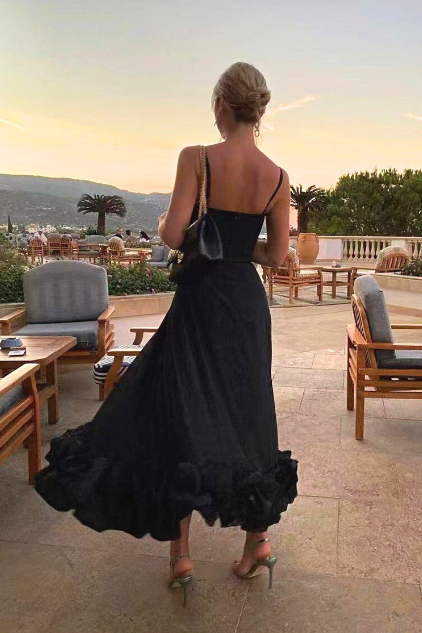 Sophie - Damska Sukienka Midi z Cienkimi Ramiączkami i Falbaną