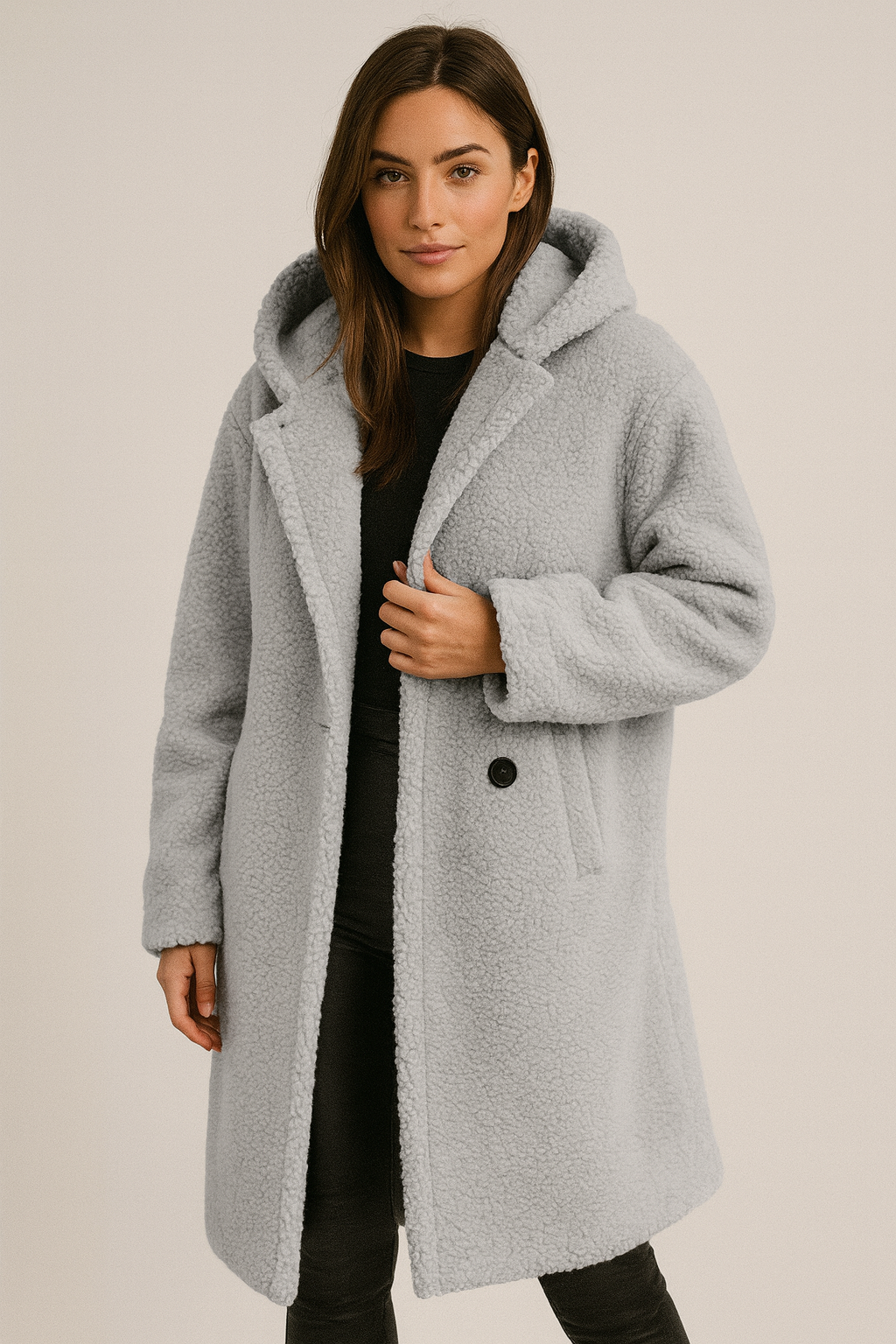 Alba – Zimowy Płaszcz z Miękką Strukturą Teddy i Kapturem